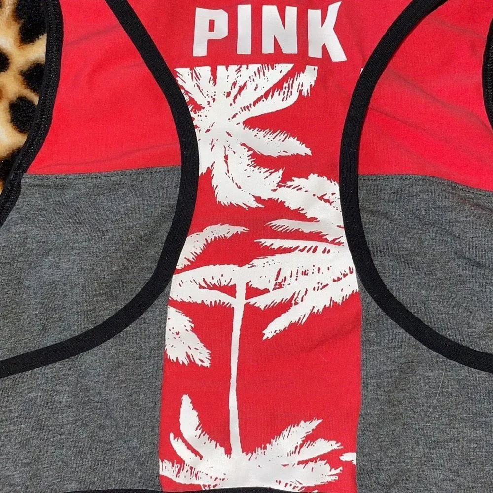 •PINK•VSP HIGH NECK BLACK/RED/GREY RACERBACK CROP SPORTS BRA SIZE MEDIUM